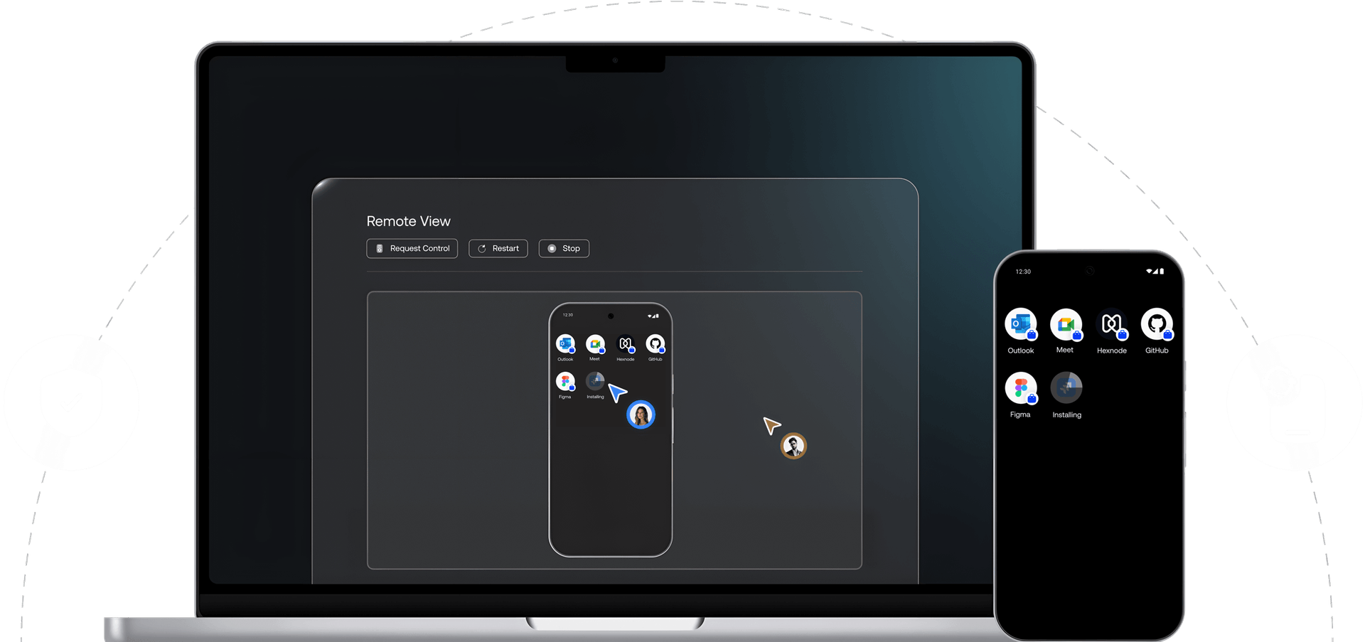A desktop device remotely controlling a mobile device using Hexnode UEM.