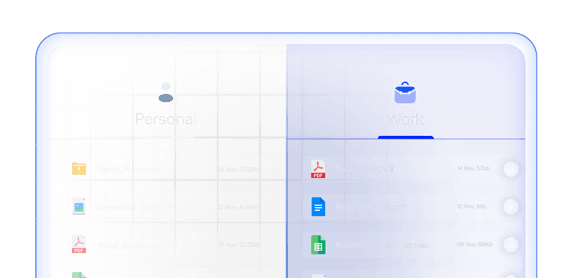 A mobile screen split into personal and work sections, showing isolated corporate files within a secure workspace.