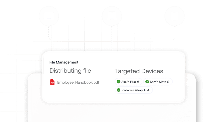 A file being distributed from a central console to multiple mobile devices, representing remote enterprise file delivery.