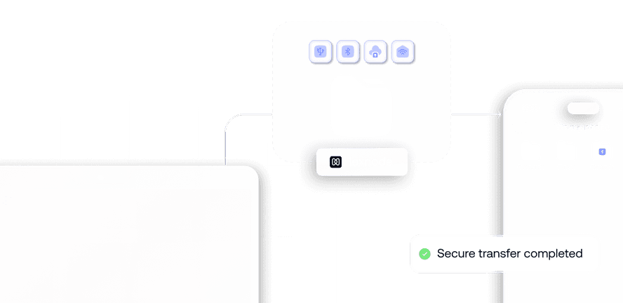 A secured folder transferring files between devices with encryption indicators, representing protected content movement.