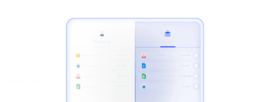 A mobile screen split into personal and work sections, showing isolated corporate files within a secure workspace.