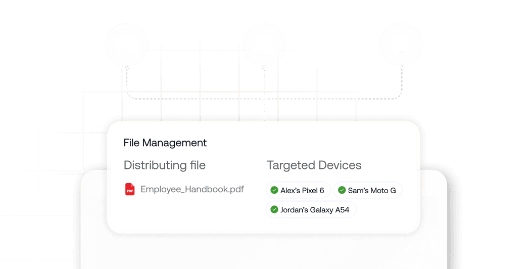 A file being distributed from a central console to multiple mobile devices, representing remote enterprise file delivery.