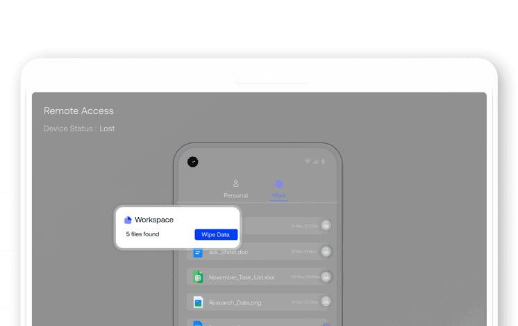 An admin console remotely removing work files from a mobile device, representing selective enterprise content revocation.