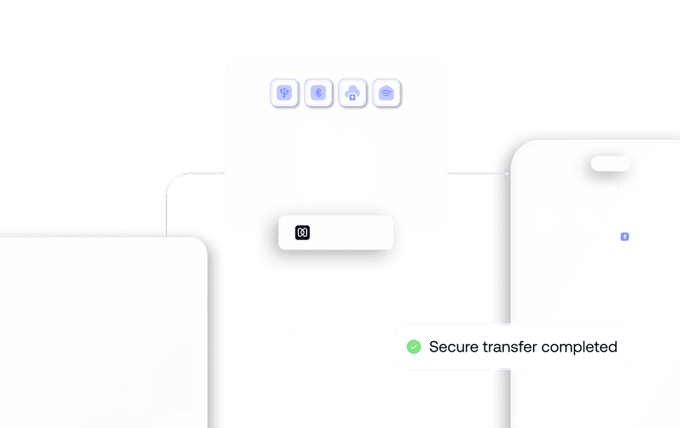 A secured folder transferring files between devices with encryption indicators, representing protected content movement.