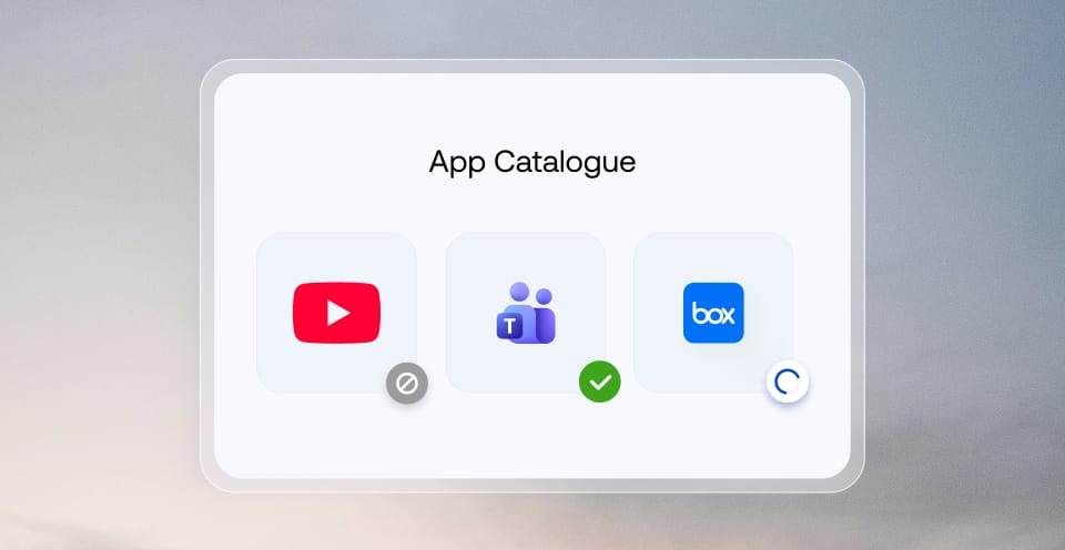 App catalogue interface displaying YouTube, Microsoft Teams, and Box apps with status indicators for availability and installation