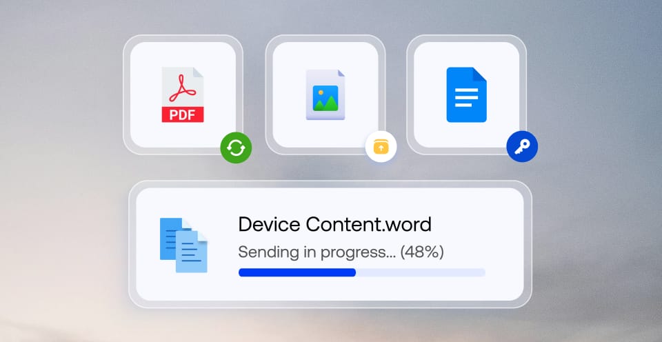 Interface showing secure file transfer with PDF, image, and document files, including a progress bar indicating ‘Device Content.word’ sending at 48%