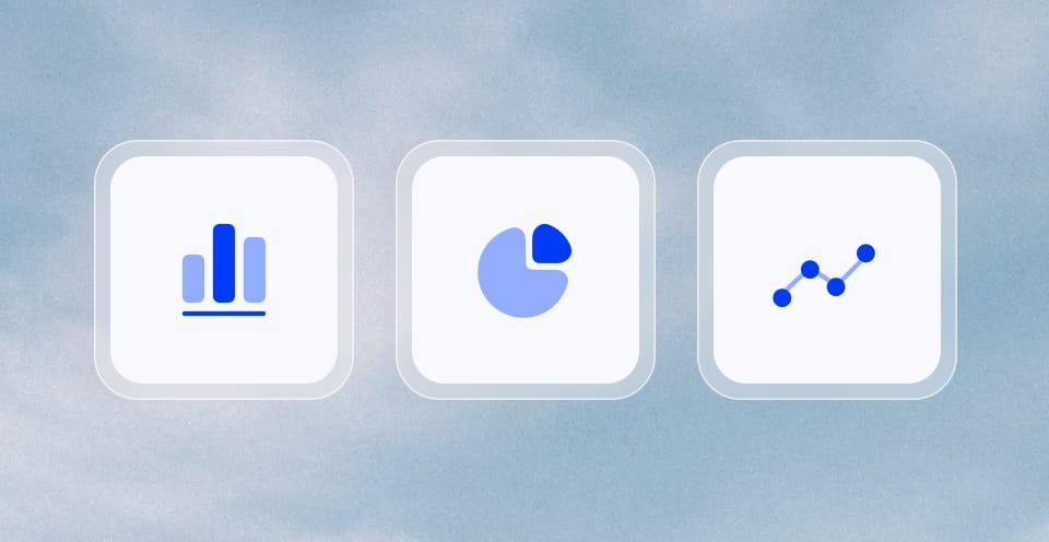 Three white cards displaying simple blue data visualizations, depicting reports.