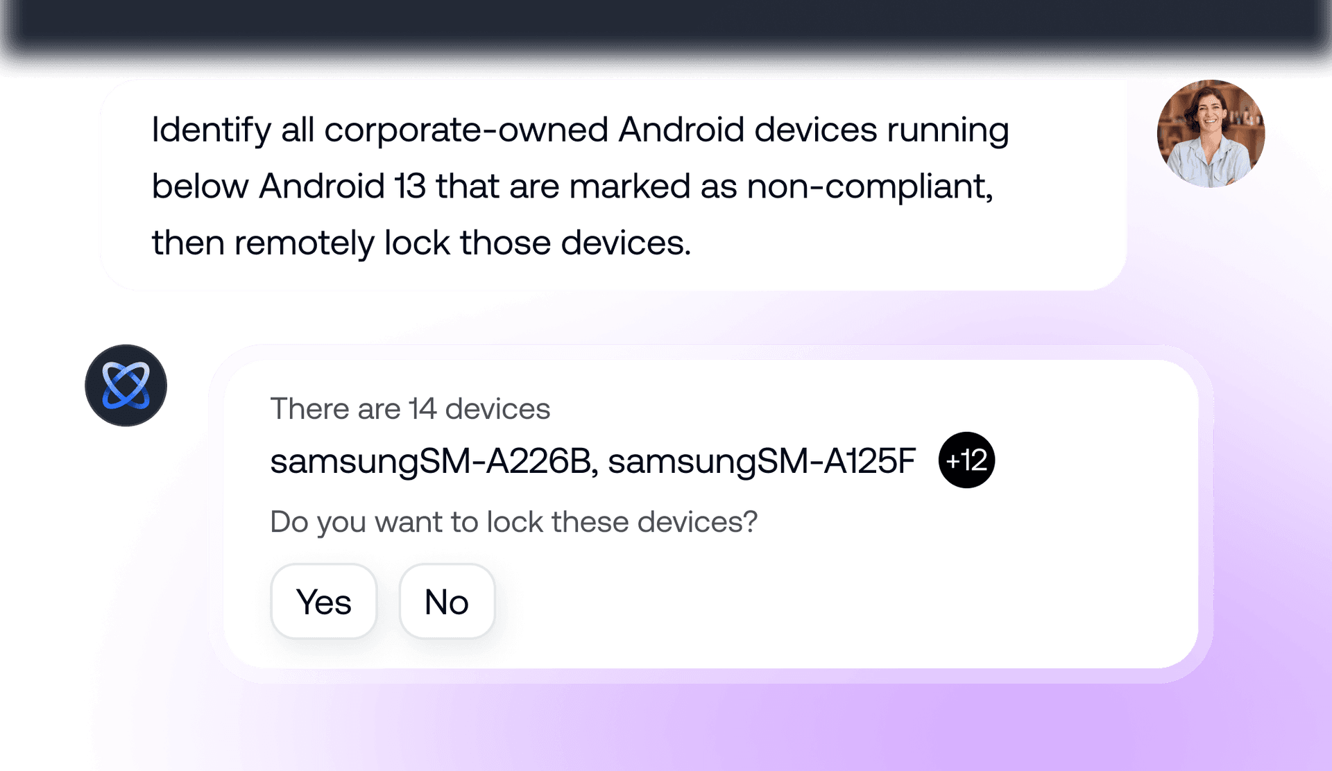 Hexnode Genie conversational AI interface demonstrating natural language queries to list assigned Android and Mac devices for unified endpoint management.