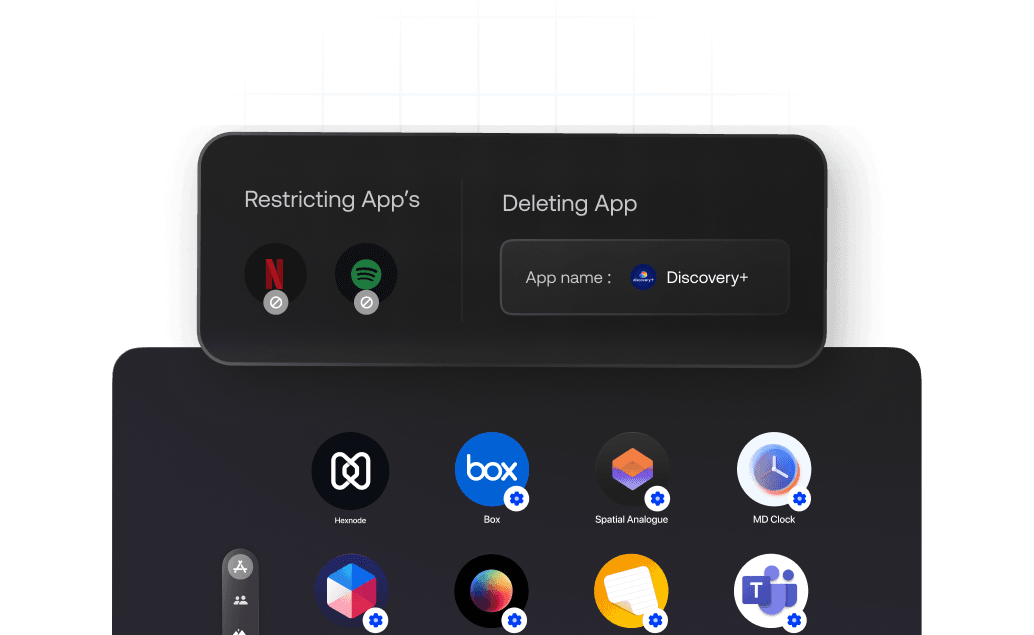 A device screen showing application icons and an overlay for 'Restricting Apps' or 'Deleting App' functions.