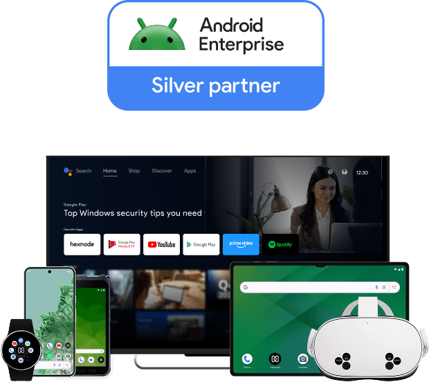 Hexnode’s Android Enterprise Silver Partner badge and Illustration of diverse Android devices (smartphone, tablet, TV, smartwatch, VR headset) managed from a single point.