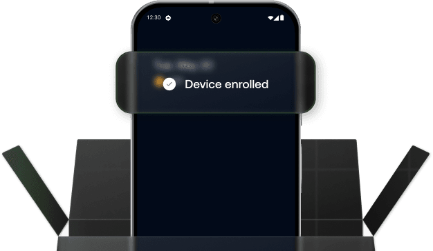 Graphic showing a device being automatically enrolled out of a box, representing Zero-Touch Onboarding via Android ZTE and Samsung Knox enrollment.