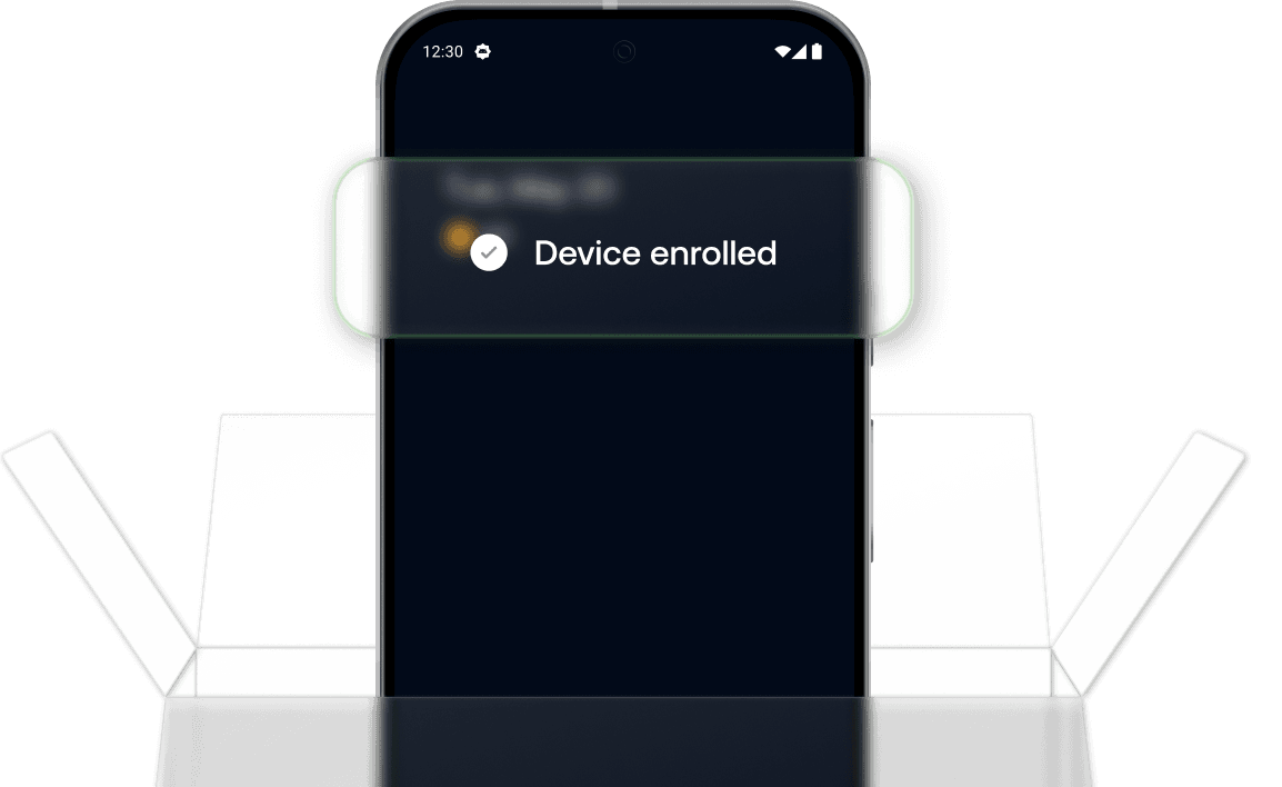 Graphic showing a device being automatically enrolled out of a box, representing Zero-Touch Onboarding via Android ZTE and Samsung Knox enrollment.