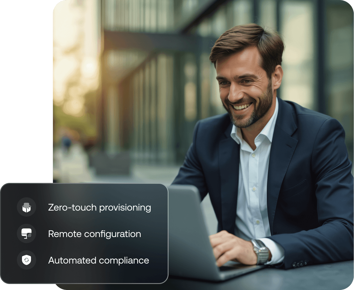 A business professional managing Apple devices efficiently through Hexnode UEM platform, highlighting simplified device control and productivity.
