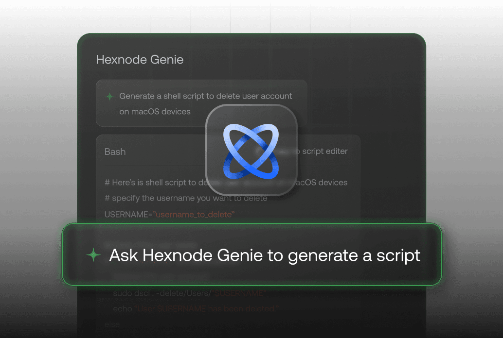 Graphic illustrating automated script generation with Hexnode Genie, showcasing simple prompt-based scripting for IT teams.