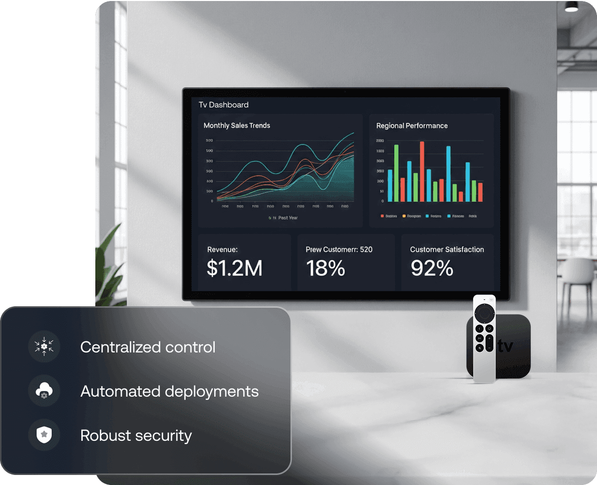 Apple TV displaying business dashboards managed through Hexnode, highlighting centralized control and consistent content across screens.