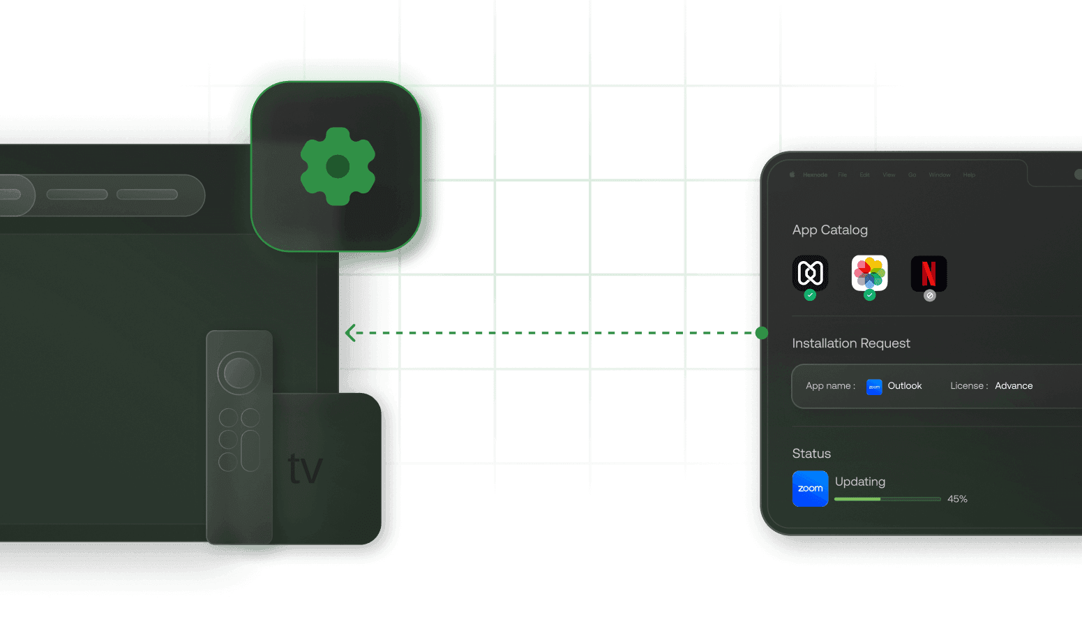 Visual highlighting Hexnode’s purpose-built Apple TV management experience optimized for tvOS configuration and app distribution.