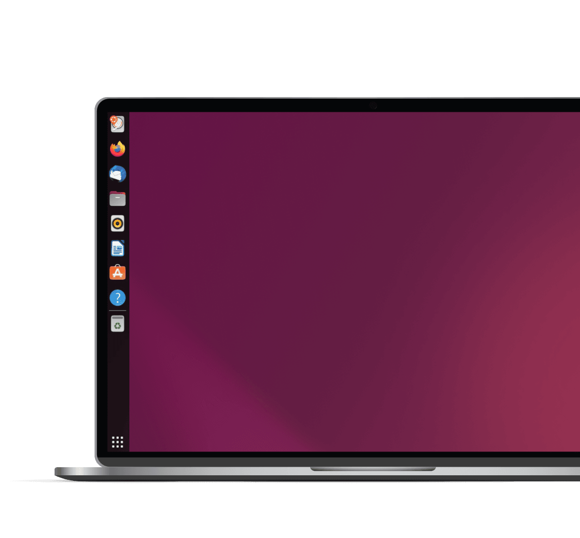 Close-up of a laptop displaying a Linux desktop with app icons on the left dock.
