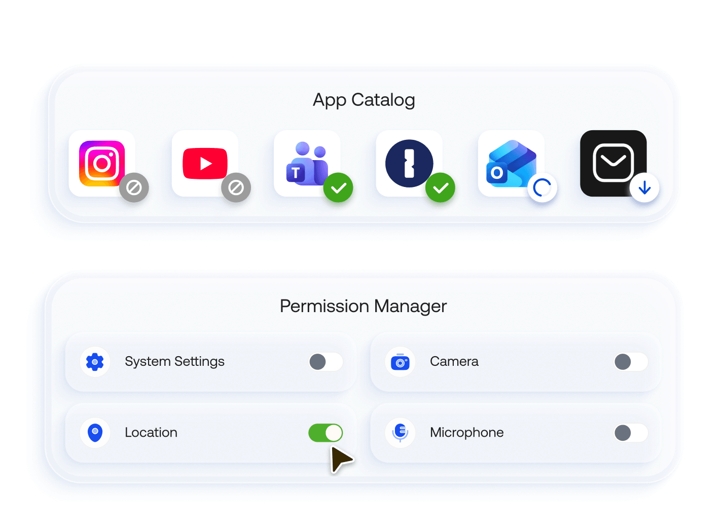 An app catalog interface showing approved apps and permission manager for toggling camera, location, and microphone access.
