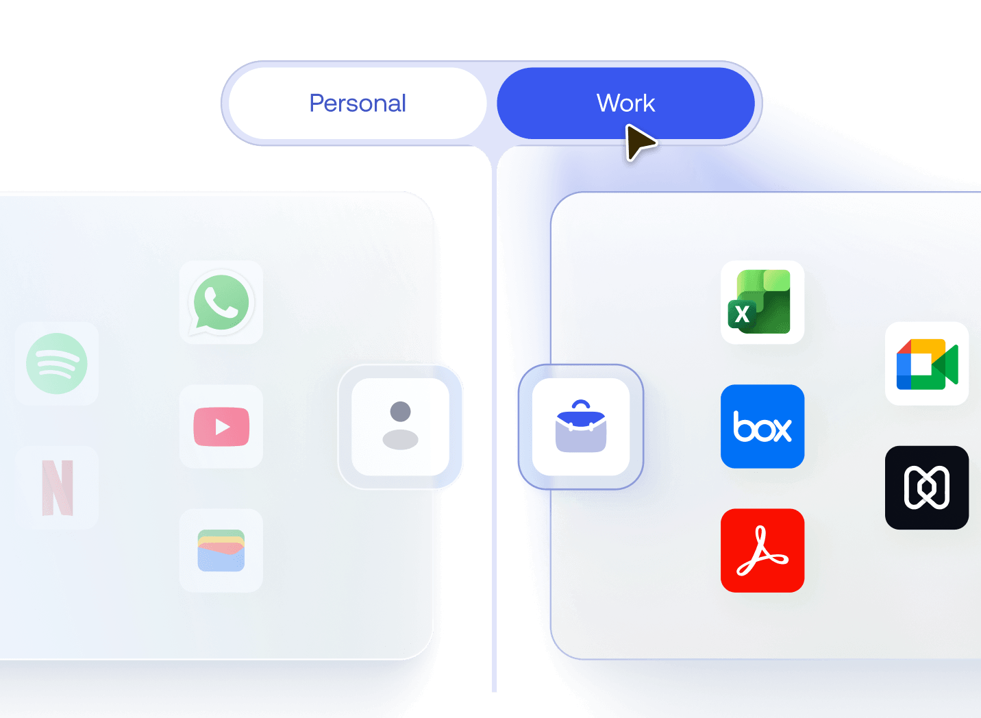 A visual showing the separation of Personal and Work profiles, with corporate apps like Outlook and Excel isolated in a secure container.