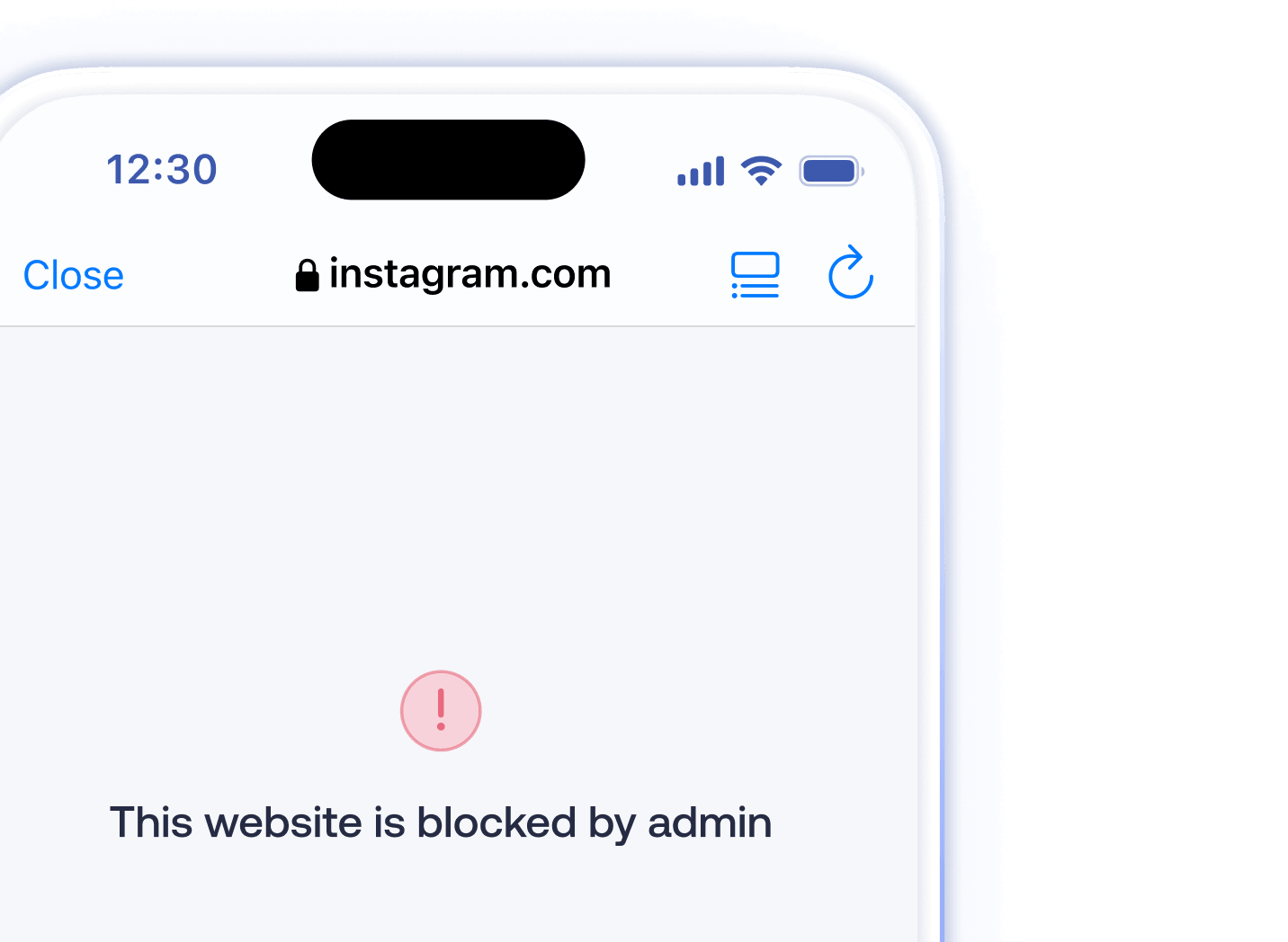 A smartphone screen displaying a This website is blocked by admin notification, illustrating content filtering and secure browsing.