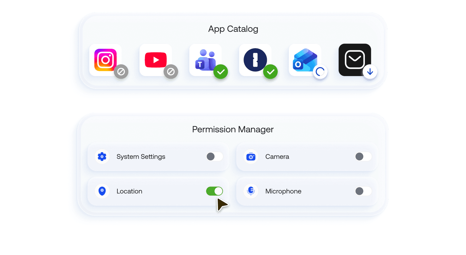 An app catalog interface showing approved apps and permission manager for toggling camera, location, and microphone access.