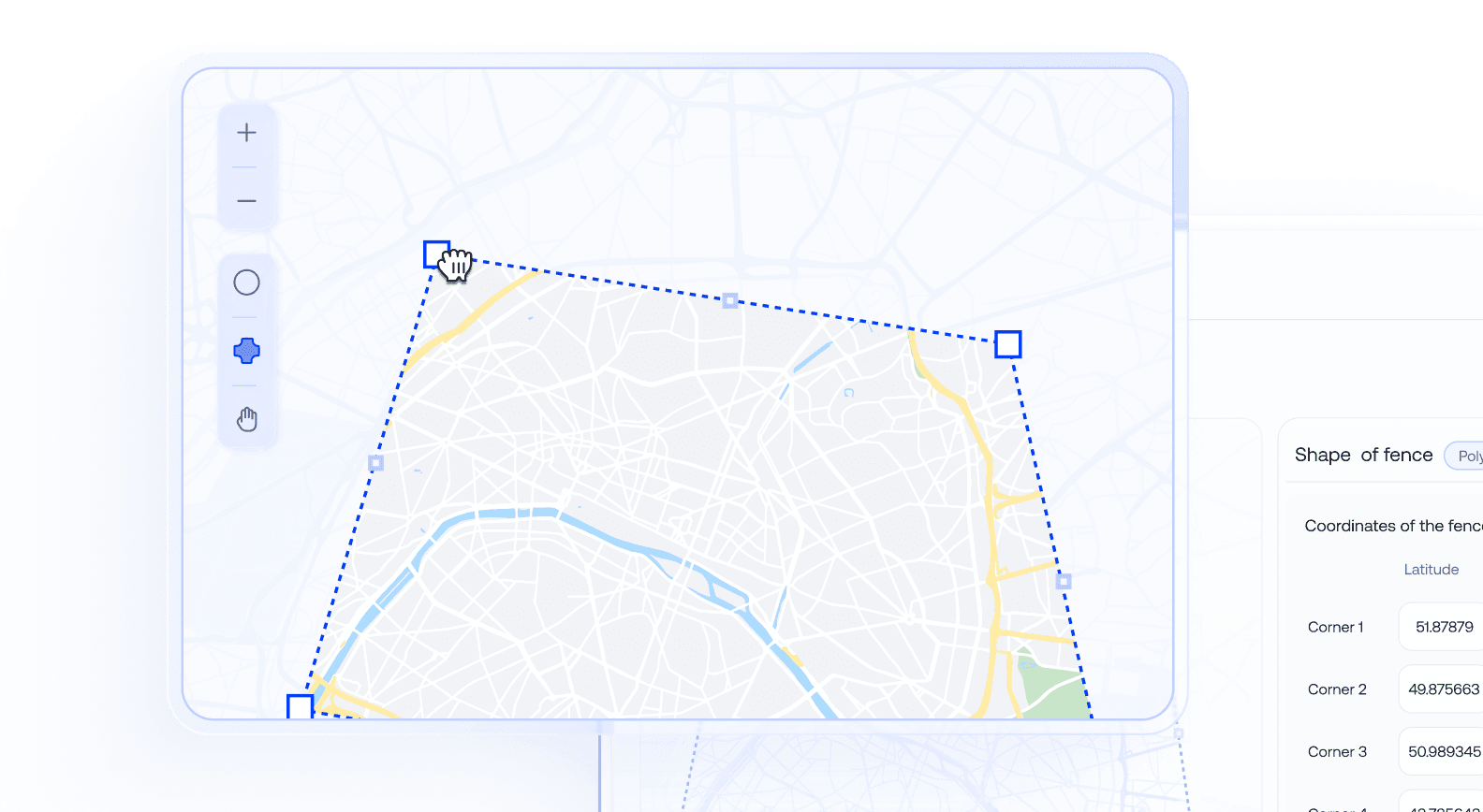 An interactive map interface where a user is drawing a custom polygon geofence to automate device actions based on location.