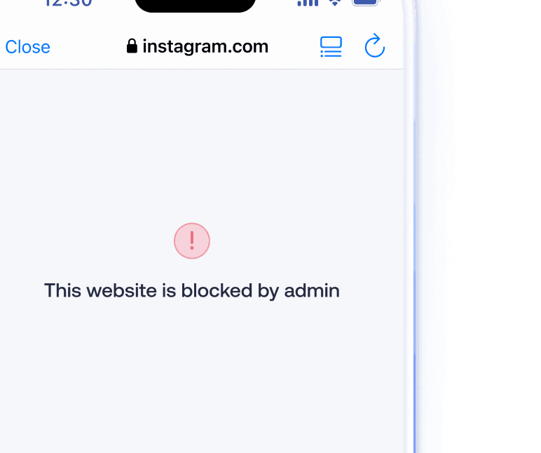 A smartphone screen displaying a This website is blocked by admin notification, illustrating content filtering and secure browsing.