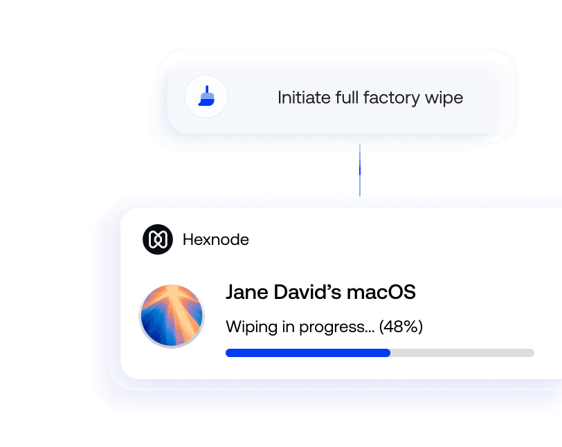 A status bar showing Wiping in progress for a lost MacBook, demonstrating the remote data erasure feature from the Hexnode portal.