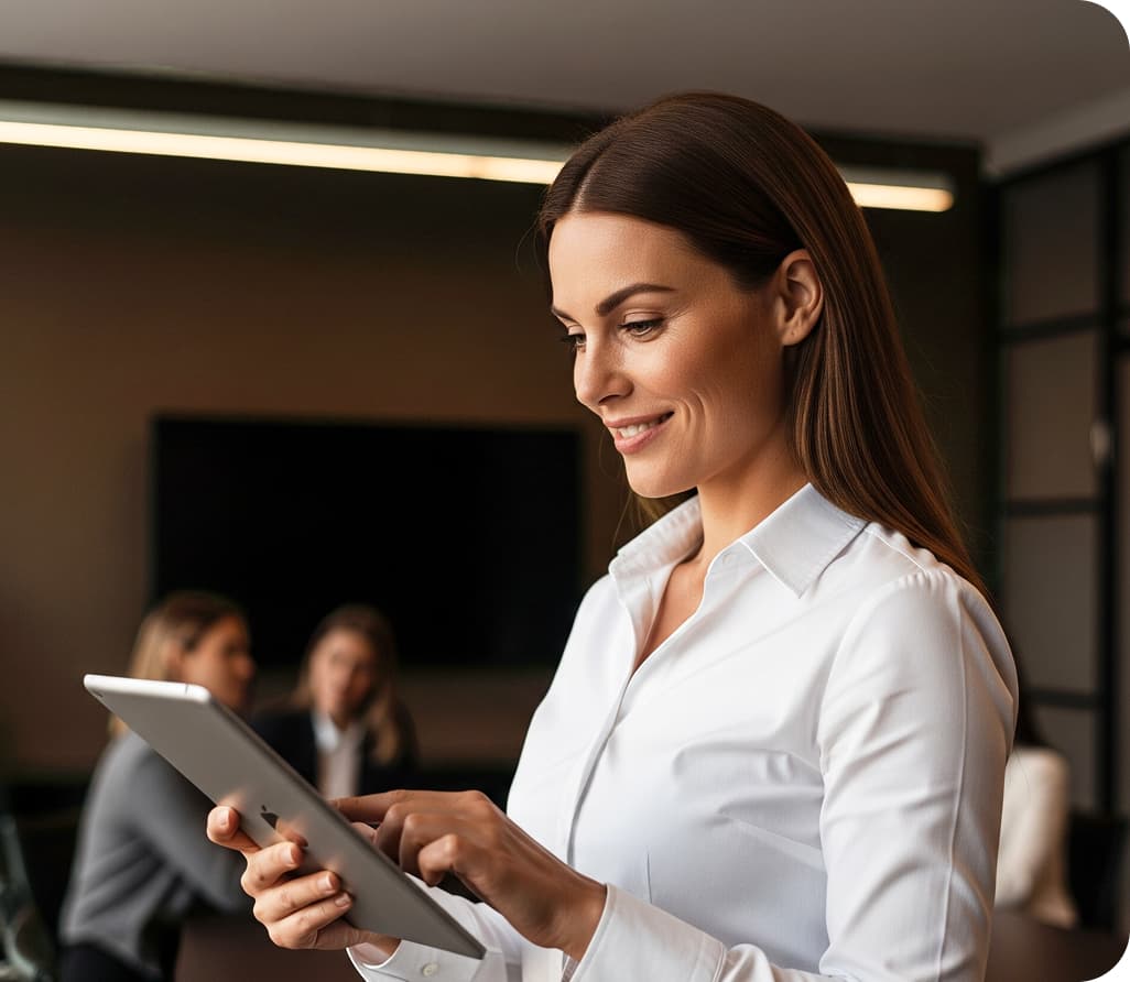 A business professional using a tablet, demonstrating Hexnode UEM’s mobile device management and secure access for hybrid workforce.