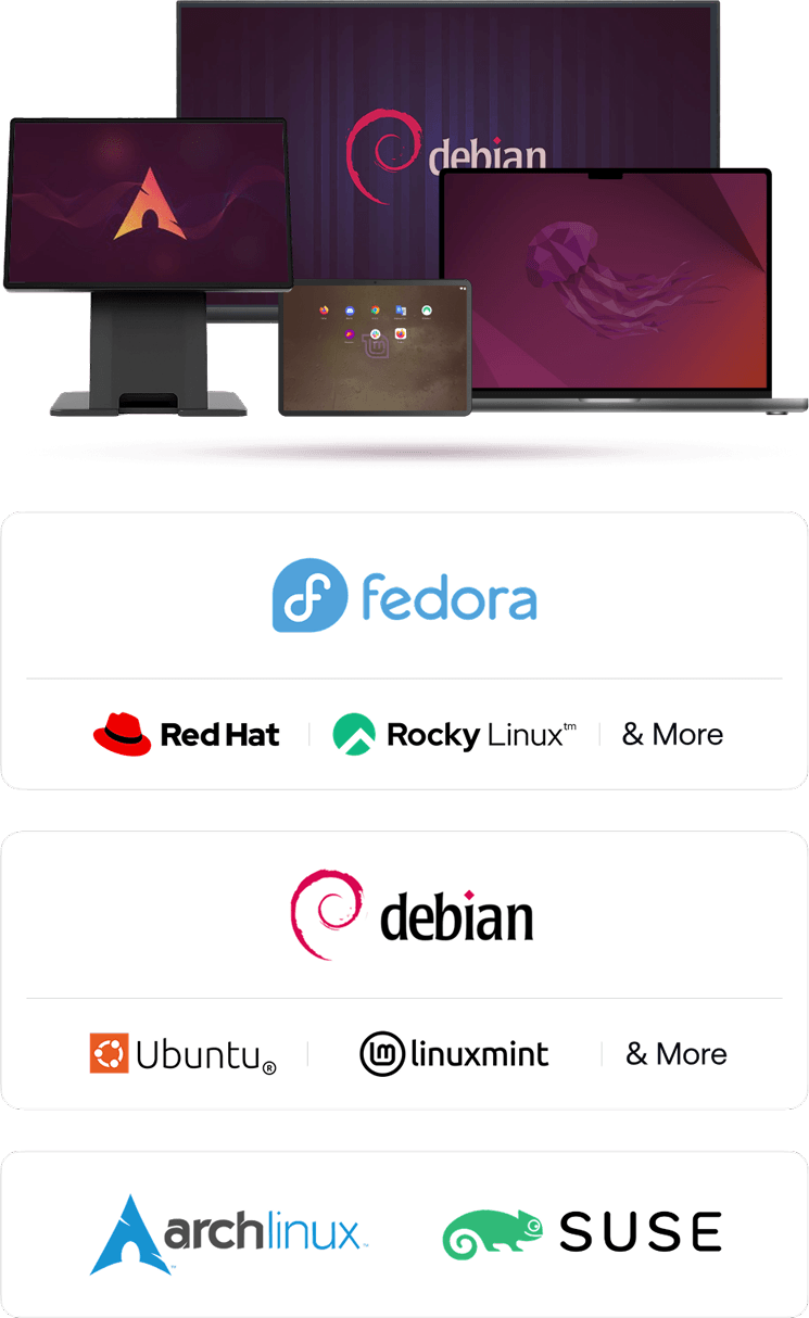 A collection of digital devices with screens of different Linux distributions like Debian, Arch, Mint, and Ubuntu.
