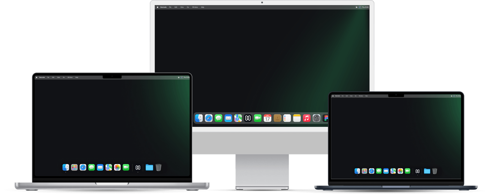 Three macOS devices - two MacBooks and an iMac, displayed together with their Dock visible, showcasing a unified macOS device environment.