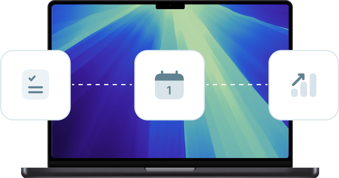 Mac laptop with three floating icons - task checklist, calendar, and analytics, representing growth and return on investment.