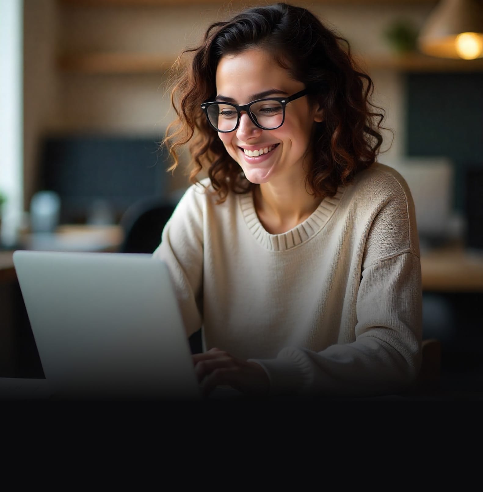 A happy user leveraging Hexnode, smiling while working efficiently on a laptop.