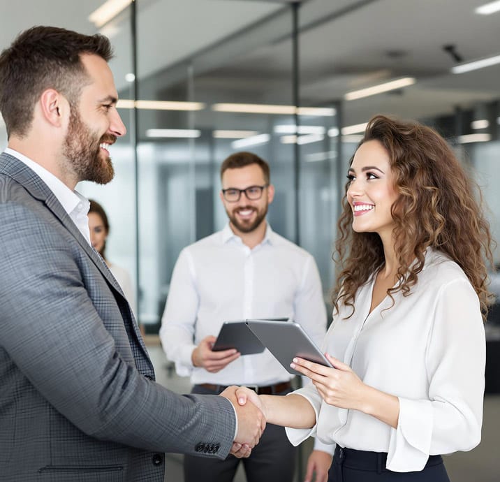 Partners finalize an agreement with a handshake, symbolizing a successful Hexnode technology