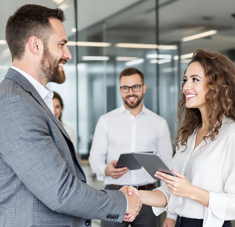 Partners finalize an agreement with a handshake, symbolizing a successful Hexnode technology