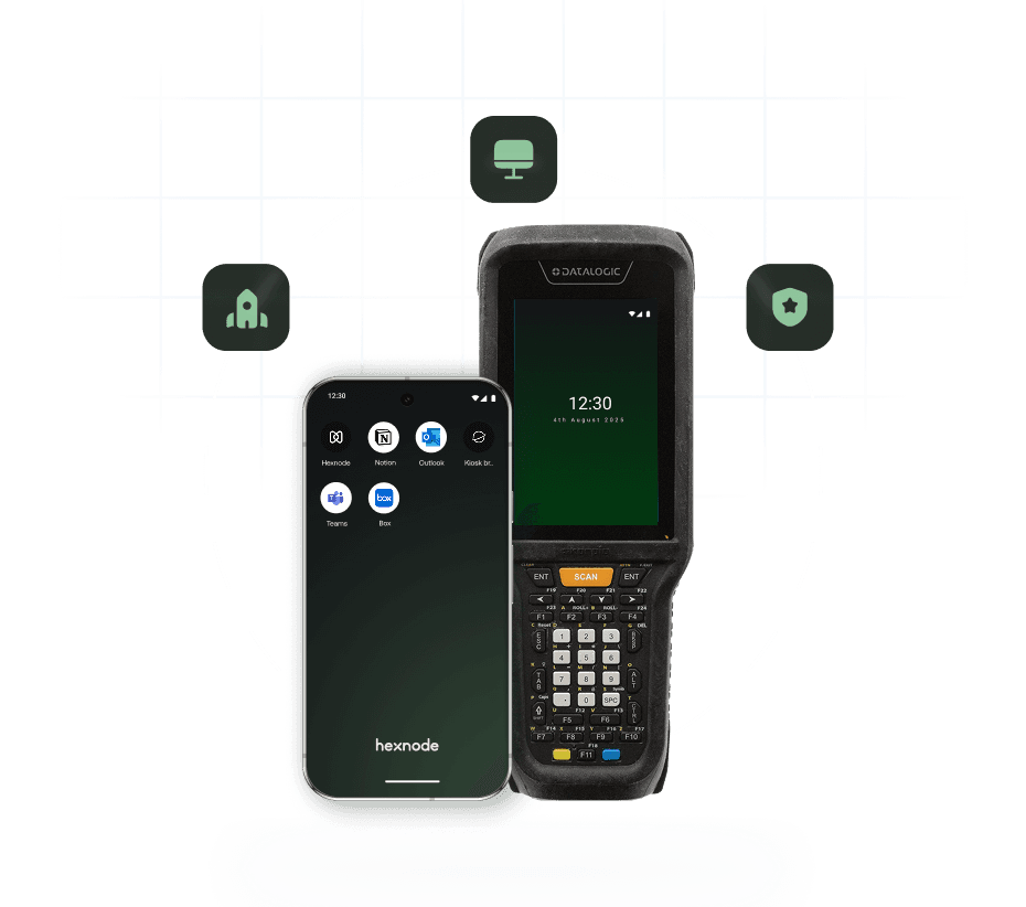 A smartphone and a rugged handheld computer displaying apps, surrounded by device management icons