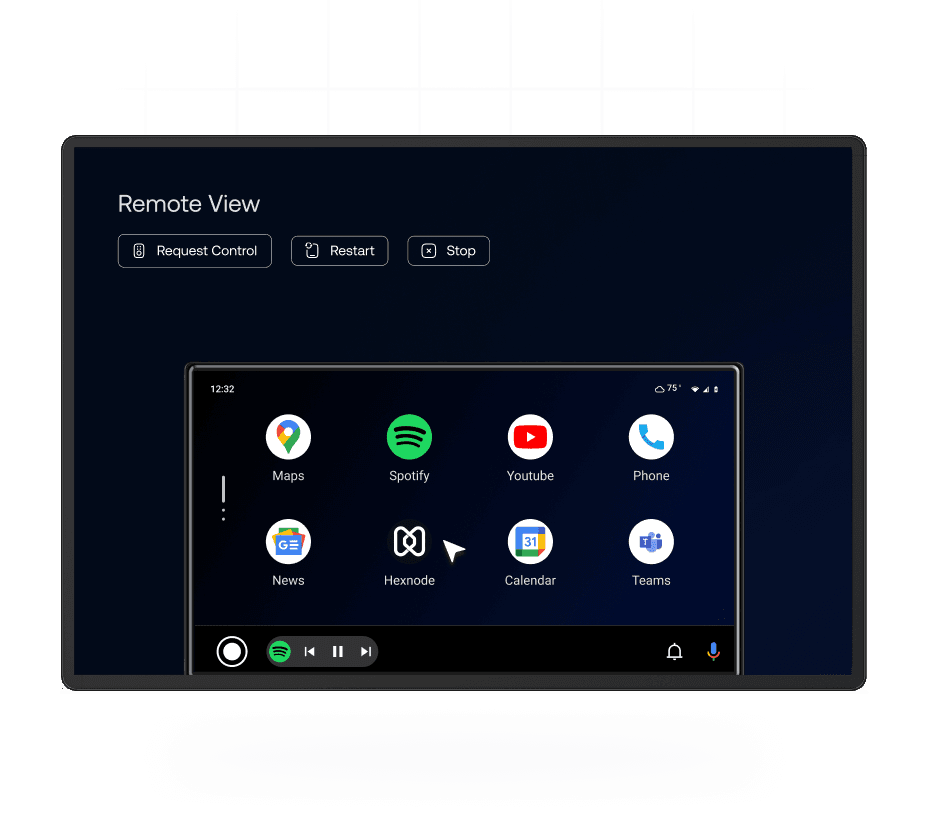 A 'Remote View' interface showing controls and a live screen mirror of an Android device dashboard with Hexnode and other app icons