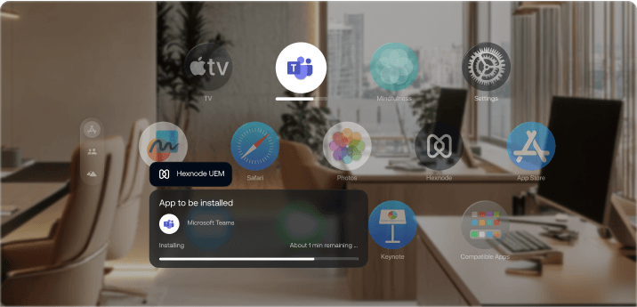 A Vision Pro showing an app grid and a notification for 'Microsoft Teams' installation with a progress bar, overlaid on a blurred office setting.